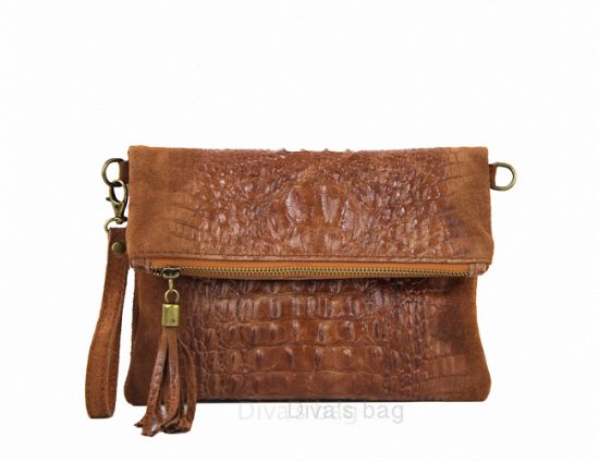 100% suede tas met krokodillenprint - clutch schoudertas - binnen zak - kleur BRUIN