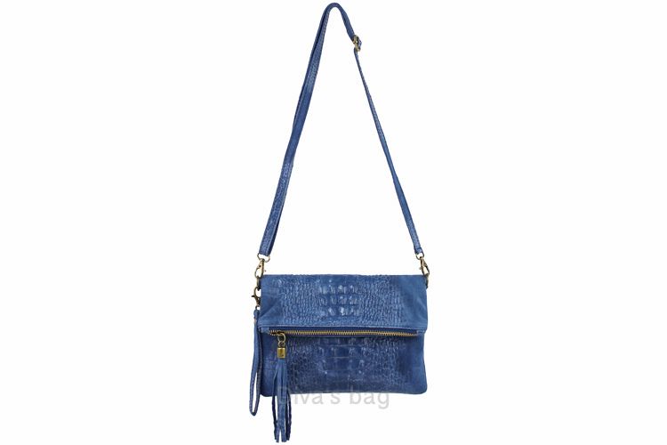 100% suede tas met krokodillenprint - clutch schoudertas - binnen zak - kleur BRUIN