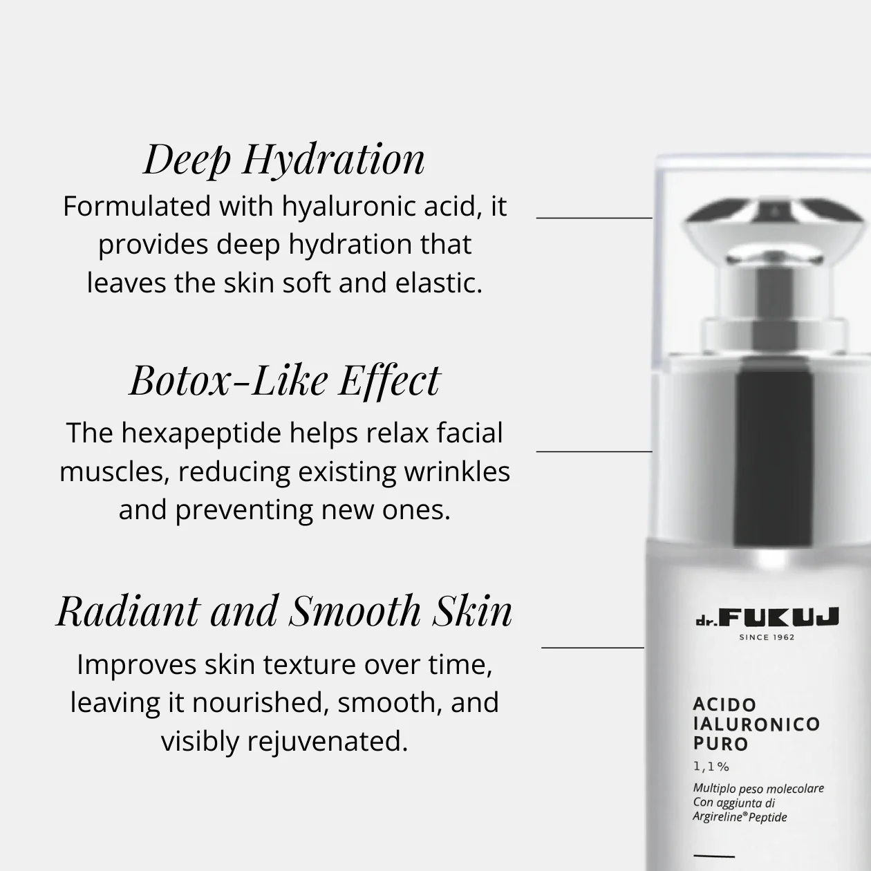 Italiaanse luxe botox serum met Hyaluronzuur 1,1% + Argireline® Peptide - hexapeptide - strakke huid 30ml - Afbeelding 2