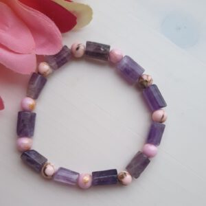 Prachtige handgemaakte armband van edelsteen, Amethist en roze howliet