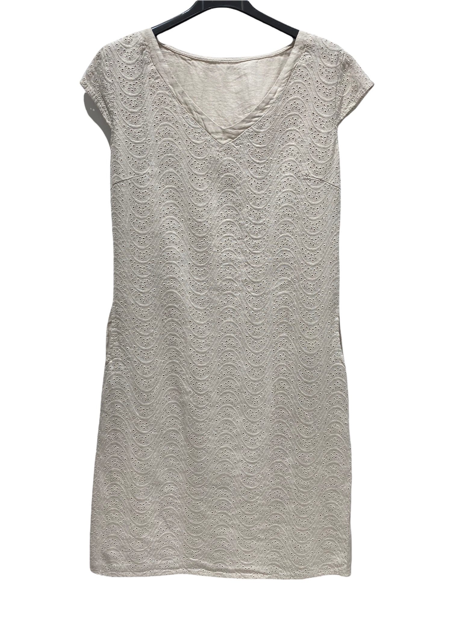 Linnen jurk met zijzakken - kap mouwen - broderie - getailleerd - kleur BEIGE - maat 42/44