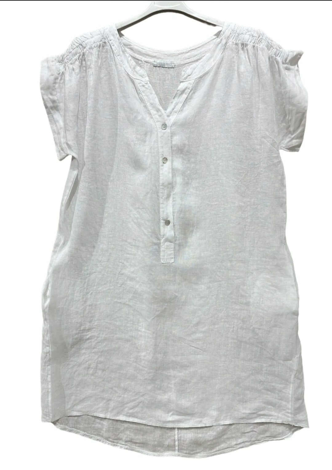 Luchtige linnen jurk- kleur WIT- korte raglan mouwen - zijzakken en knoppen - maat  42/44