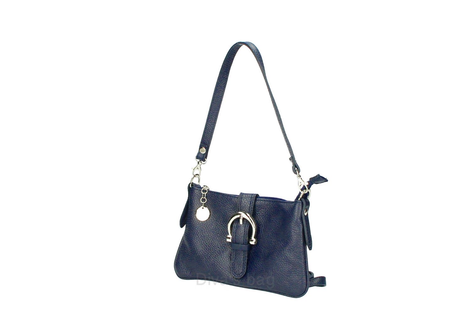 Leuke kleine leren tas - korte afneembare hand vatten - zilver hanger - ritesluiting - kleur DONKER BLAUW