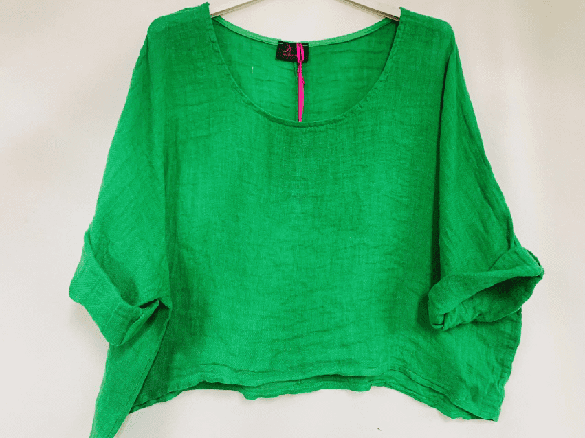 Luchtige linnen korte – crop top – ronde hals – raglan mouwen kleur GRAS GROEN – one size