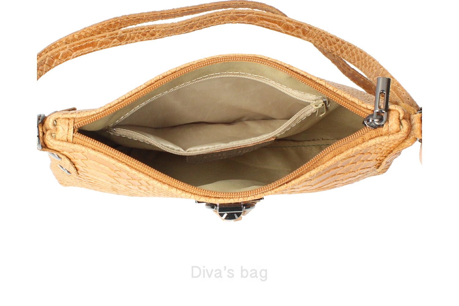 Leuke 100% leren crutch tas - pythonprint - franje - ritssluiting - schouderband - COGNAC