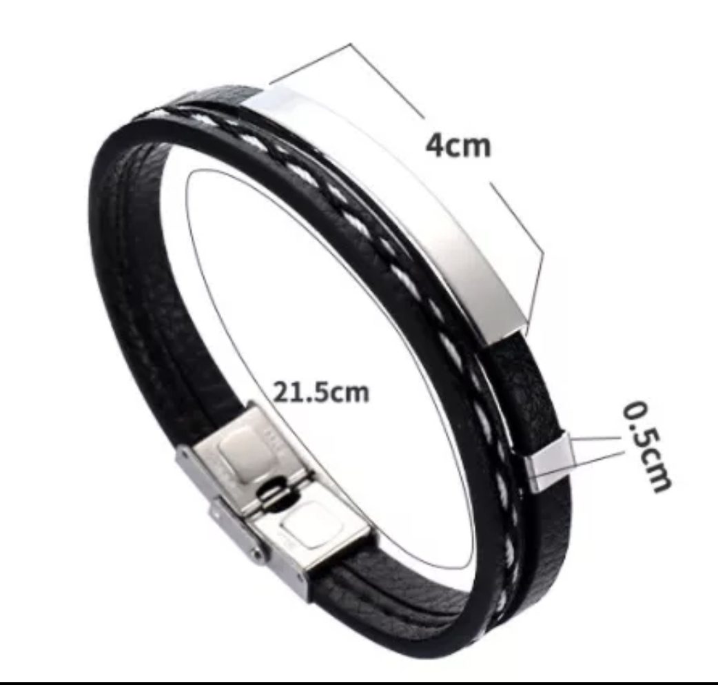 Lederen heren mannen armband men met zwart metalen element - gevlochten leer