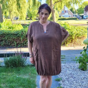 Comfortabele linnen jurk met zakken en raglan mouw , kleur BRUIN, maat 44