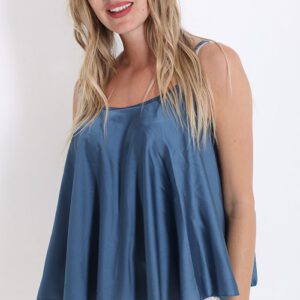 Satijnen zomer topje met schouder bandjes, kleur BLAUW,  Maat M/L