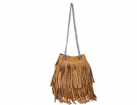 Leuke suède tasje met franjes - zilver ketting schouder band - kleur CAMEL