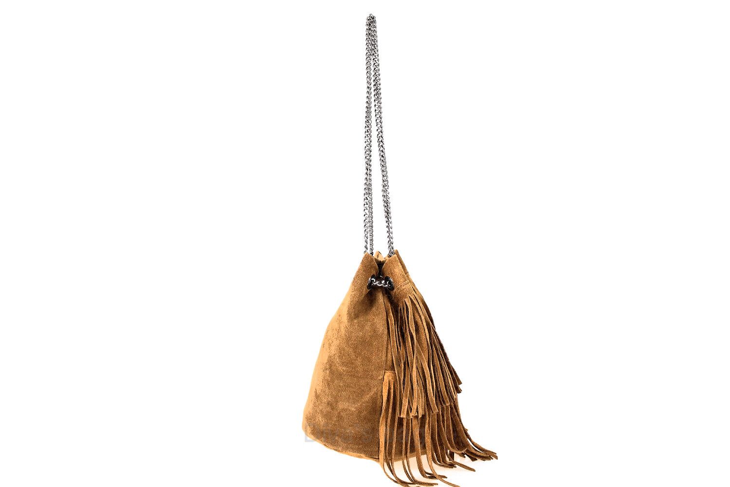 Leuke suède tasje met franjes - zilver ketting schouder band - kleur CAMEL