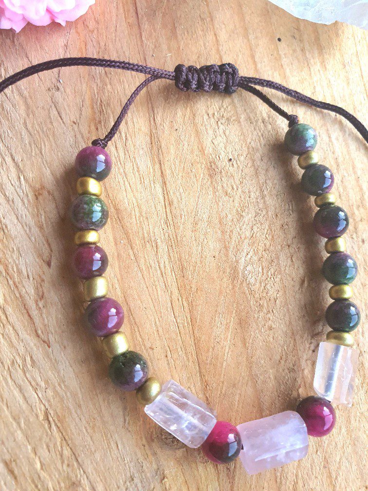 Handgemaakte dames edelsteen armband - boho style - toermalijn jade - rozenkwarts