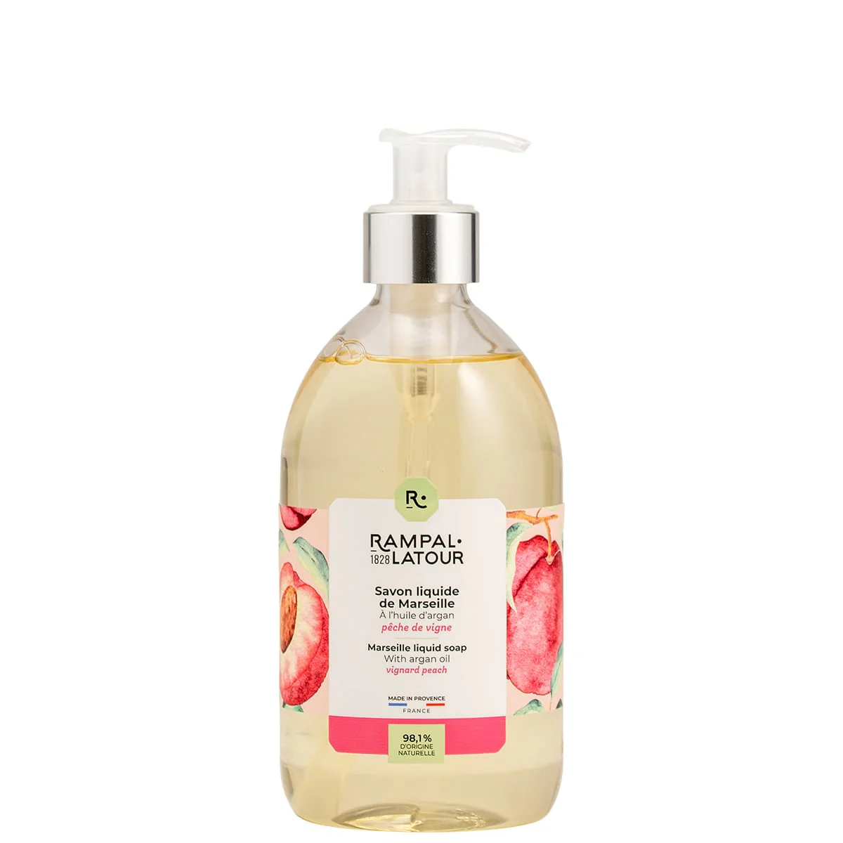 Gecertificeerd biologisch Franse Marseille vloeibare zeep Vine perzik - reinigt mild - argan olie 500ml